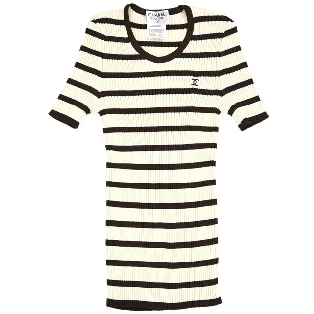 Chanel 1998 Short Sleeve Border Top Ivory Brown #38 in Brown from AMORE Vintage Tokyo