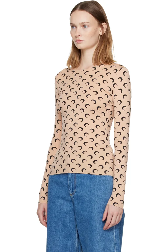 Marine Serre Tan Recycled Moon Jersey Second Skin Crewneck T-shirt, photo 4 of 5 from SSENSE
