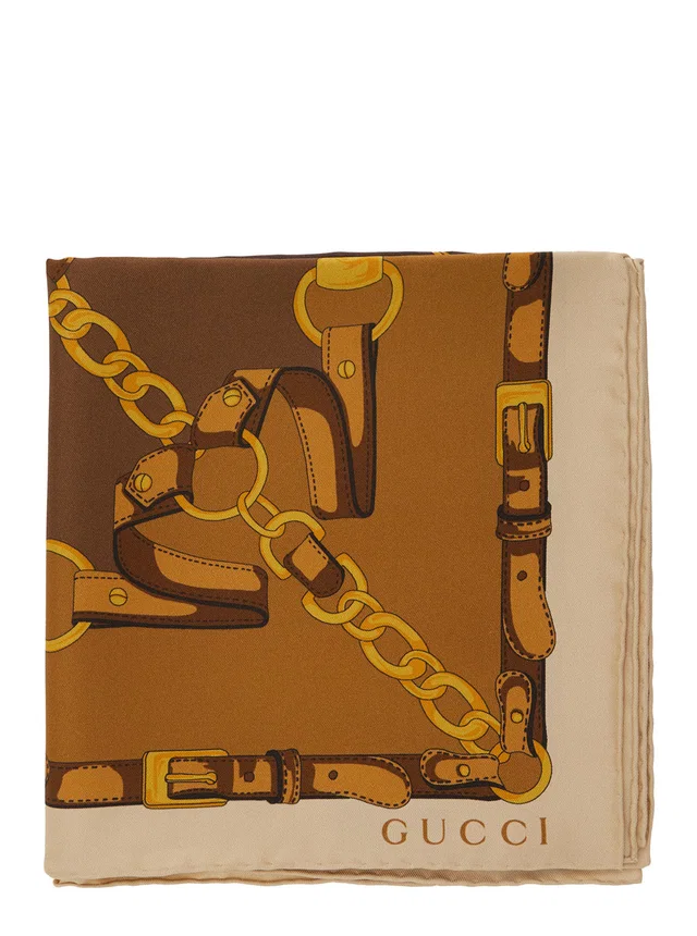 Gucci Silk Chain-Print Scarf — Brown Scarfs in Brown Silk from HEWI