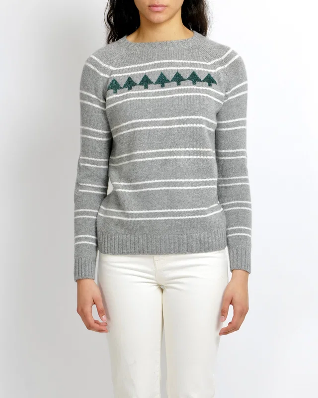 Loro Piana Grey Cashmere Jumper with White Stripes and Green Bead Embellished Tree Embroideries Size IT… in White Cashmere from Sellier