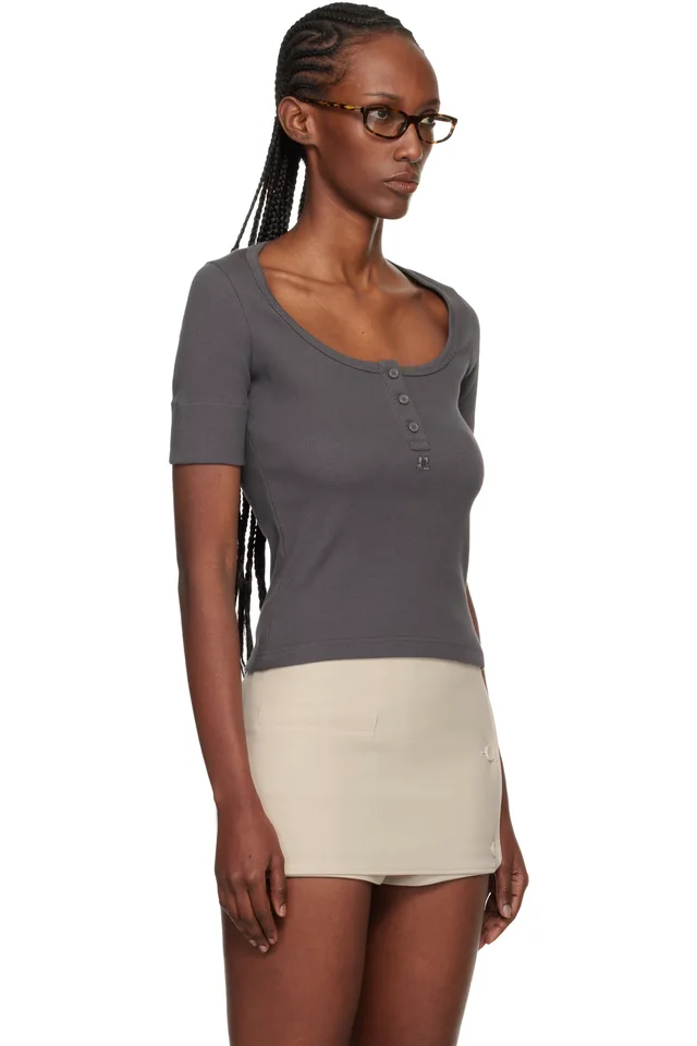Courrèges Gray Buttoned 90's Rib T-shirt, photo 2 of 4 from SSENSE