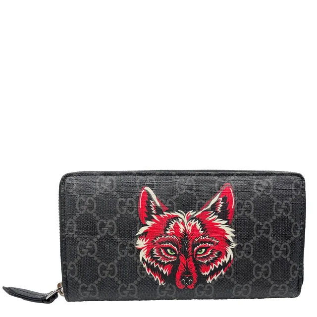 Gucci GG Supreme Canvas Wolf Print Wallet Black 451273 in Black Canvas from Dallas Designer Handbags