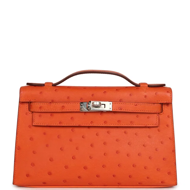 Hermès Kelly Pochette Tangerine Ostrich Palladium Hardware in Ostrich from Madison Avenue Couture
