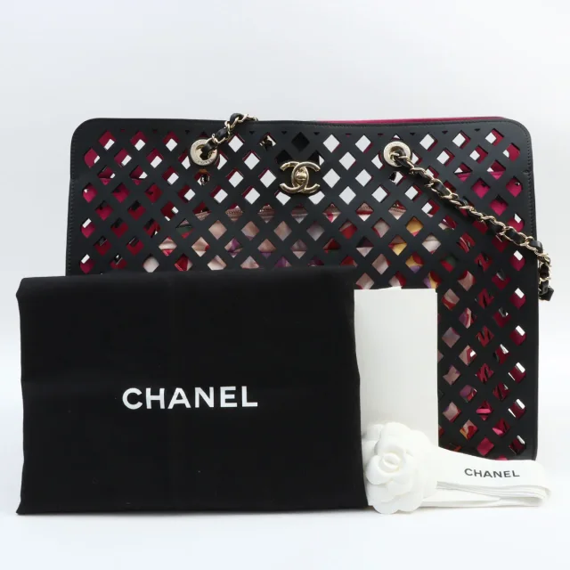 Chanel Circa 2021 Diamond Punching CC Turn-lock Chain Tote Bag Black in Black Calfskin from VINTAGE QOO TOKYO, photo 23 of 23
