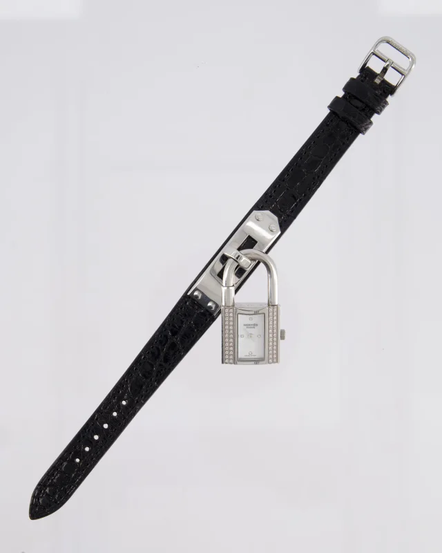 Hermès Kelly Stainless Steel, Diamonds, Black Alligator Crocodile strap and Mother of Pearl 20mm Watch in Black Crocodile from Sellier, photo 2 of 6