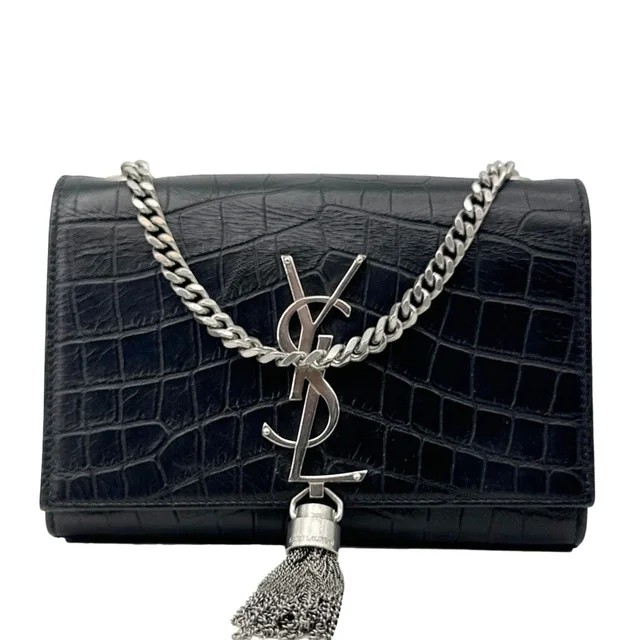 Saint Laurent Kate Tassel Crocodile Embossed Leather Crossbody Bag Black in Black Crocodile from Dallas Designer Handbags
