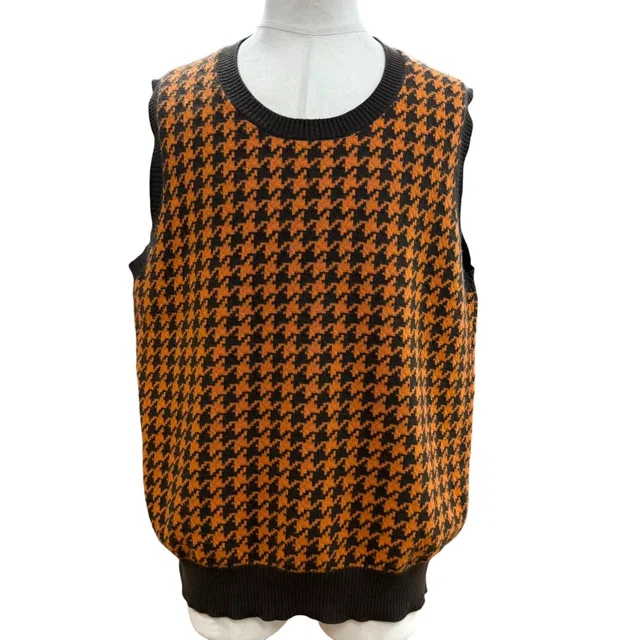 Hermès Wool Cashmere Houndstooth Knit Gilet Vest Orange Dark Brown XL in Brown Cashmere from The Reluxe