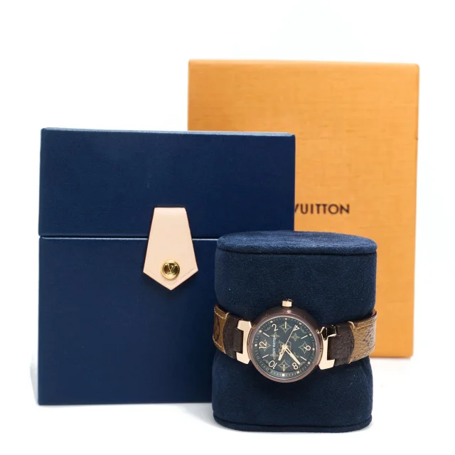 Louis Vuitton Stainless Steel 18K Rose Gold Monogram 28mm Tambour Quartz Watch Brown in Brown from FASHIONPHILE, photo 5 of 5