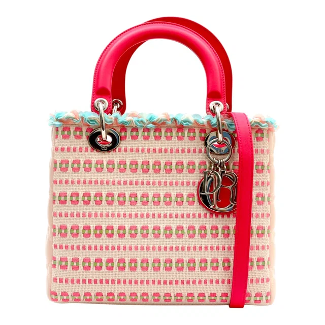 Tweed Sequin Cannage Stitch Lady Dior 2-way Bag M Pink/Green/Blue in Blue Tweed from VINTAGE QOO TOKYO