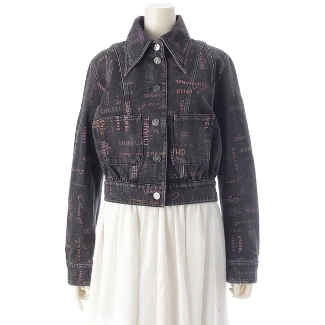 Chanel CC Logo Multi Print Denim Jacket Black Multicolor 36 in Black Denim from The Reluxe