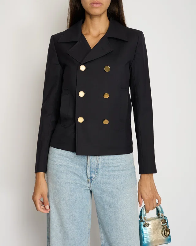 Saint Laurent Navy Double-Breasted Jacket with Gold Button Detail FR 34 (UK 6) in Navy Wool from Sellier