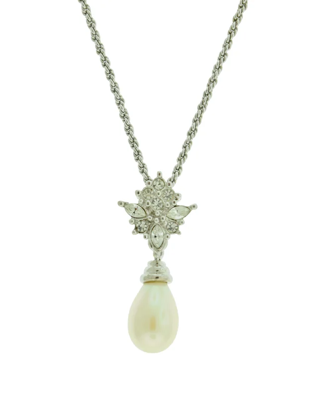 Dior Vintage Silver Rhinestone Pearl Drop Pendant Necklace in Silver from Amarcord Vintage Fashion