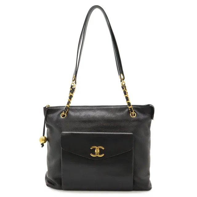 Chanel CC Logo Tote Chain Shoulder Bag Caviar Leather Black Gold in Black Caviar leather from The Reluxe
