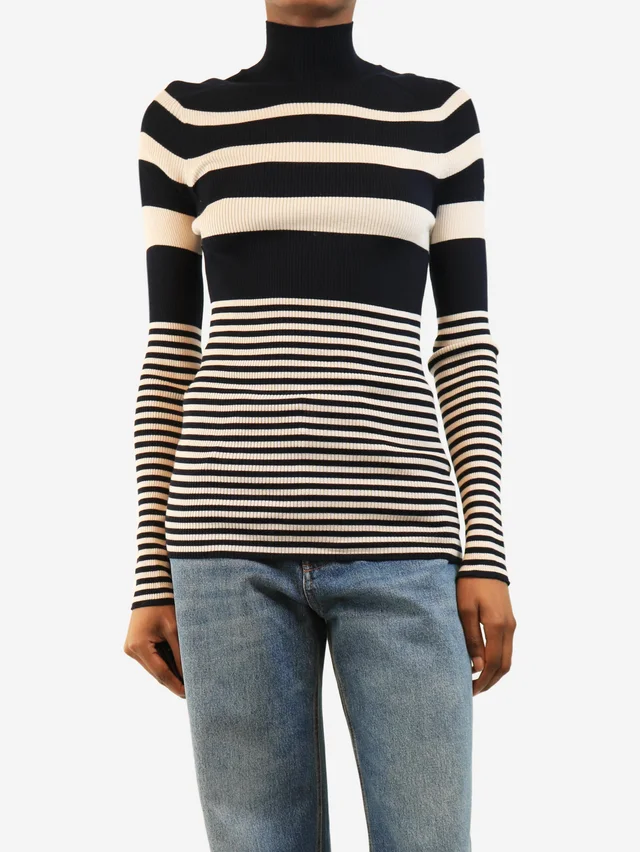 Moncler Navy striped long sleeve top - size S in Navy Wool from Sign of the Times