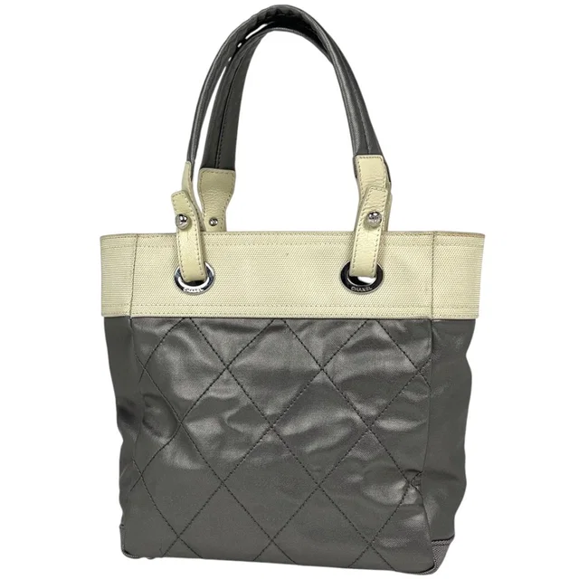 Chanel Tote Bag Paris Biarritz PM CC Logo Handle Gray Ivory in White Coated canvas from The Reluxe