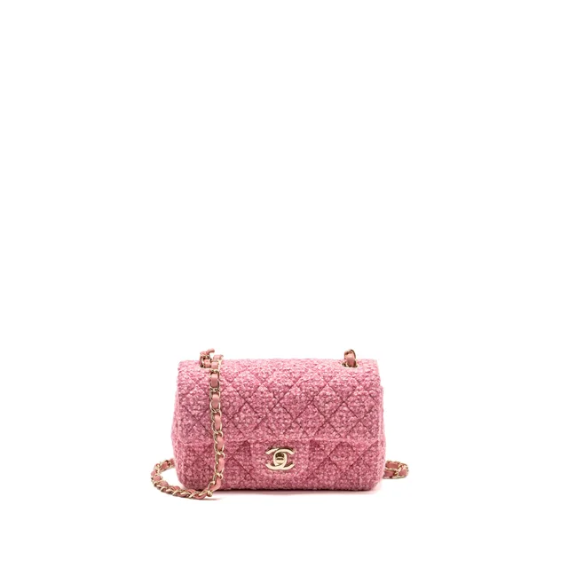 Chanel classic mini rectangular flap bag tweed pink LGHW (microchip) in Pink Tweed from EMIER