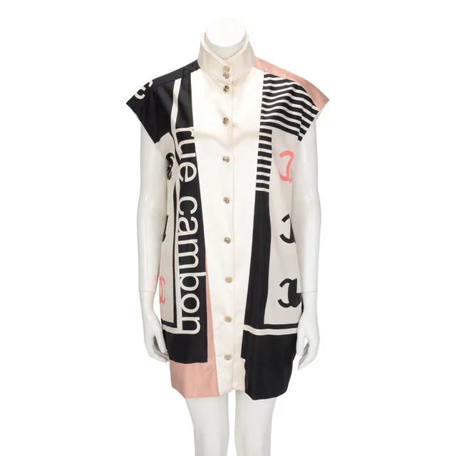 Chanel CC Print Tunic Dress FR 34 in Ivory Silk from Blue Spinach