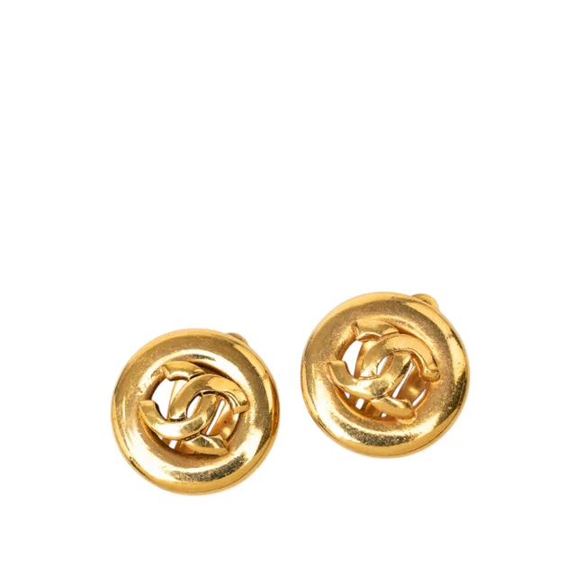 Gold Chanel CC Gold Plated Round Clip On Earrings in Gold from Designer Revival