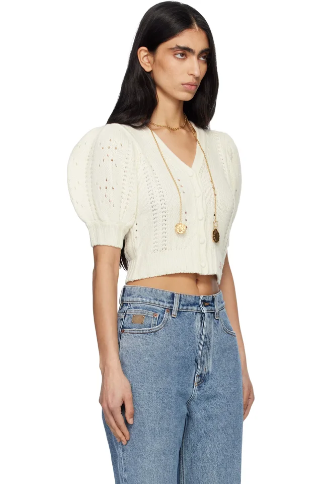 Chloé White Puff-Sleeve Wool & Cashmere Knit Cardigan, photo 2 of 4 from SSENSE