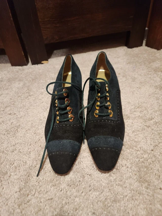Escada Dark Green Suede Lace-Up Heels With Gold Eyelets in green|gold Suede from Poshmark