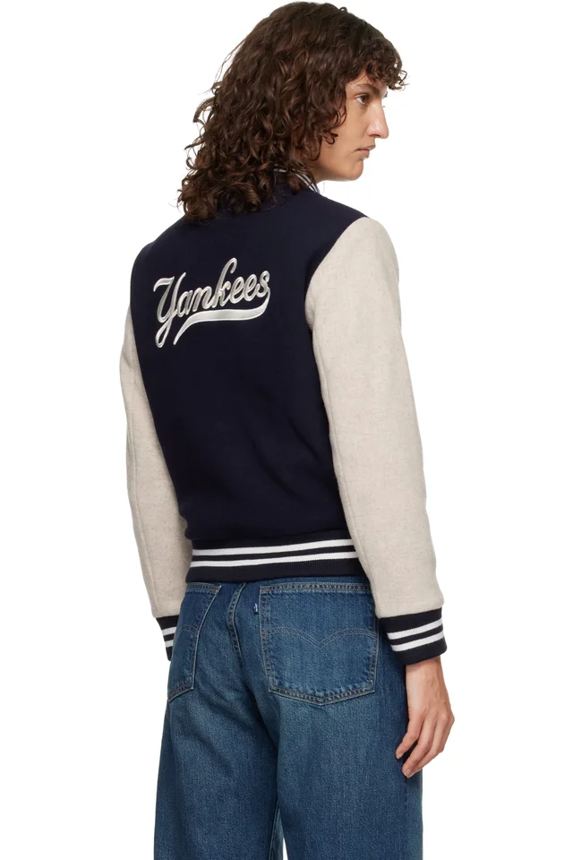 Sporty & Rich Navy & Beige Yankees Curve Wool Varsity Jacket, photo 3 of 4 from SSENSE