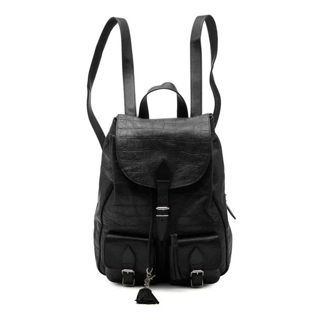 Black Saint Laurent Croc Embossed Leather Festival Backpack in Black Crocodile from Designer Revival