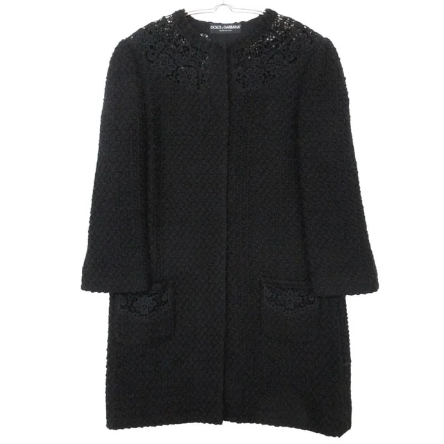 Dolce & Gabbana Coat Lace Decoration Snap Button Wool Blend Black in Black Wool from The Reluxe