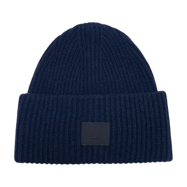 Acne Studios C40448-Ahe Ribbed Wool With Logo Patch Beanie — Navy Beanies in Navy Wool from HEWI