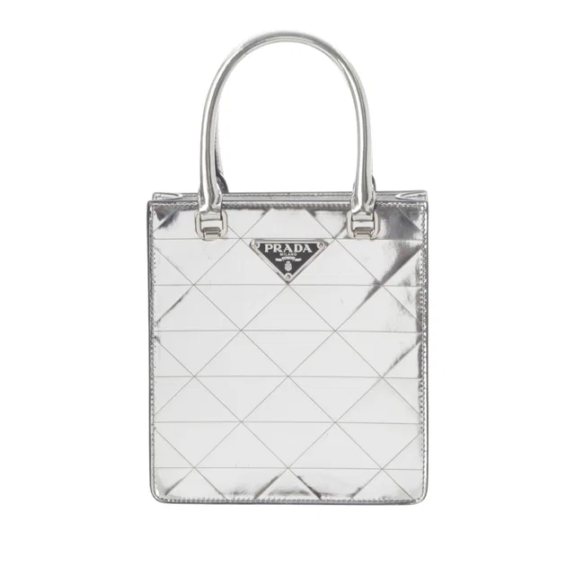 Silver Prada Metallic Spazzolato Leather Triangle Tote Satchel in Silver Leather from Designer Revival