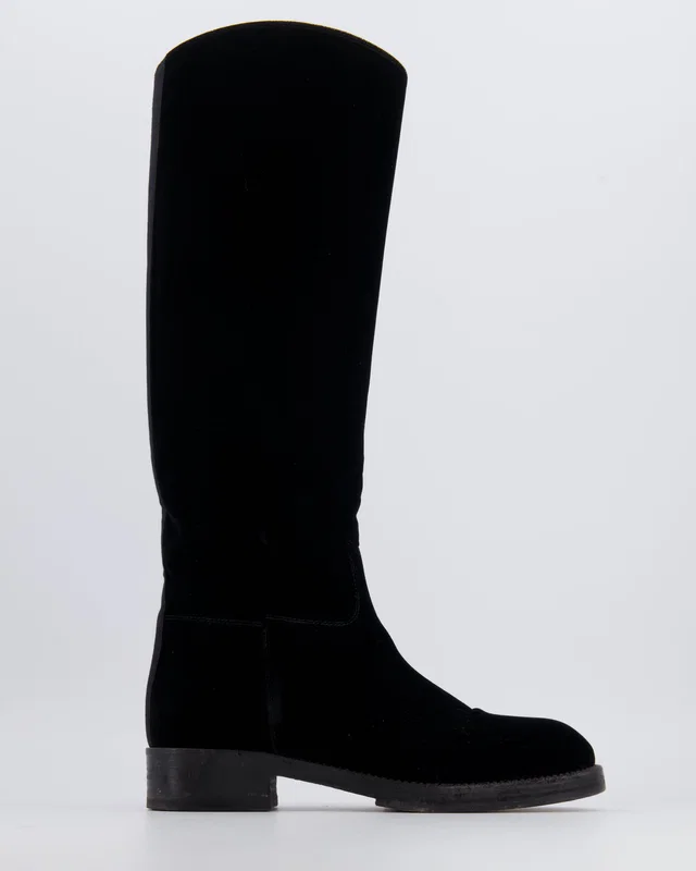 Chanel Black Velvet Knee-High Boots with Grosgrain CC Logo Detail Size EU 37 in Black Velvet from Sellier