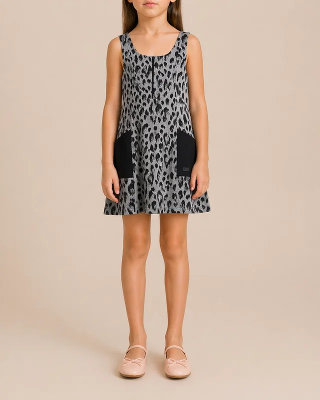 Dior Kids FW23 Grey and Black Leopard Sleeveless Dress with Pocket Logo Detail Size 8 years in Black from Sellier
