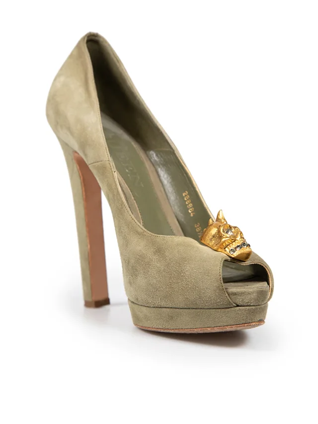 Alexander McQueen Olive Suede Embellished Skull Heels from Csd