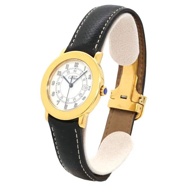 Cartier Must Ronde Vermeil LM W100844B Men's Watch, Date, Ivory, SV925 Quartz Watch, Must Ronde Vermeil in White Leather from Luxury Promise