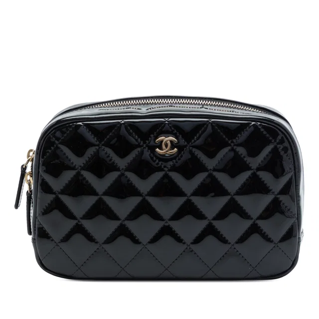 Black Chanel CC Quilted Patent Cosmetic Pouch in Black Patent leather from Designer Revival