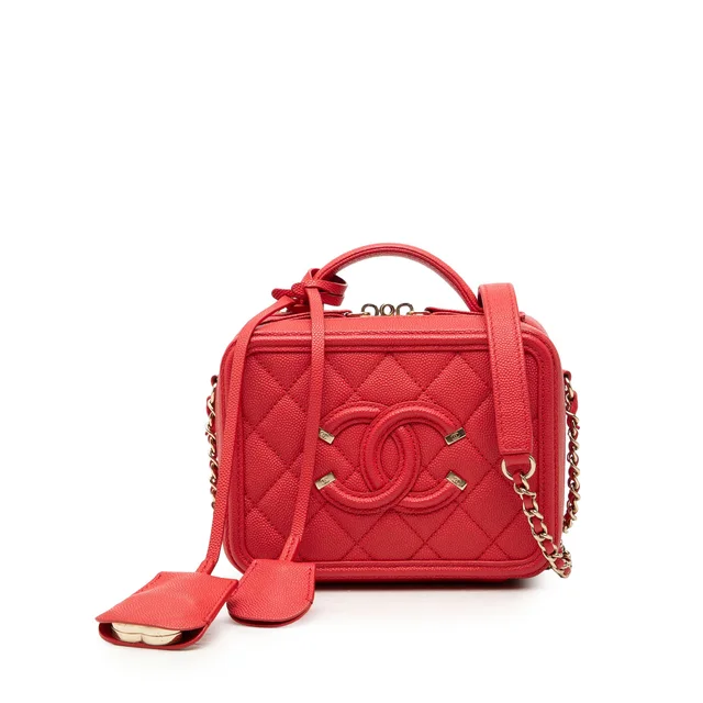 Red Chanel Small Caviar CC Filigree Vanity Case Satchel in Red Caviar leather from Designer Revival