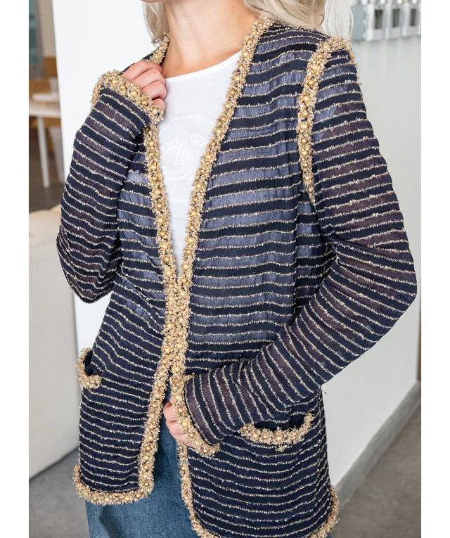 Chanel Stripe Cardigan with Gold Embellished Detailing Size 42 in Gold from Luxury Promise