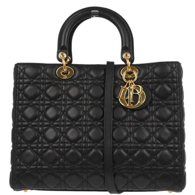 Black Lambskin Large Lady Dior Cannage 2way Shoulder Handbag in Black Lambskin from AMORE Vintage Tokyo
