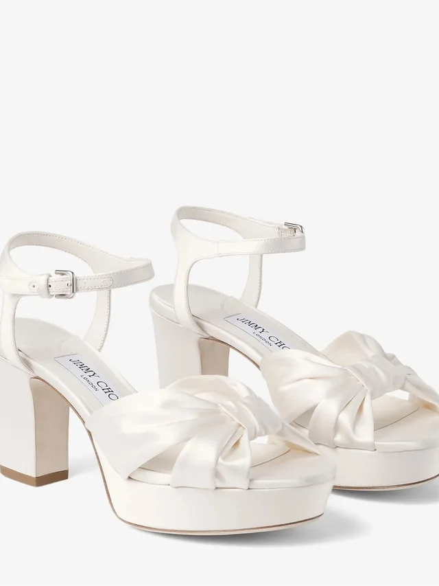 Jimmy Choo Ivory Satin Knot Block Heel Sandals (Heloise 80) in white Satin from Poshmark