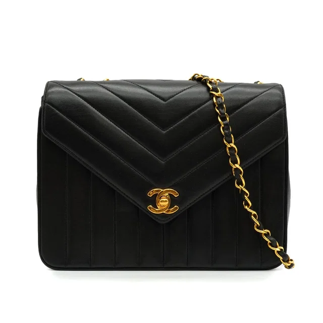 Chanel Vintage Chevron V Stitch Chain Shoulder Bag Black Lamb Skin Gold Hardware in Black Leather from Luxury Promise