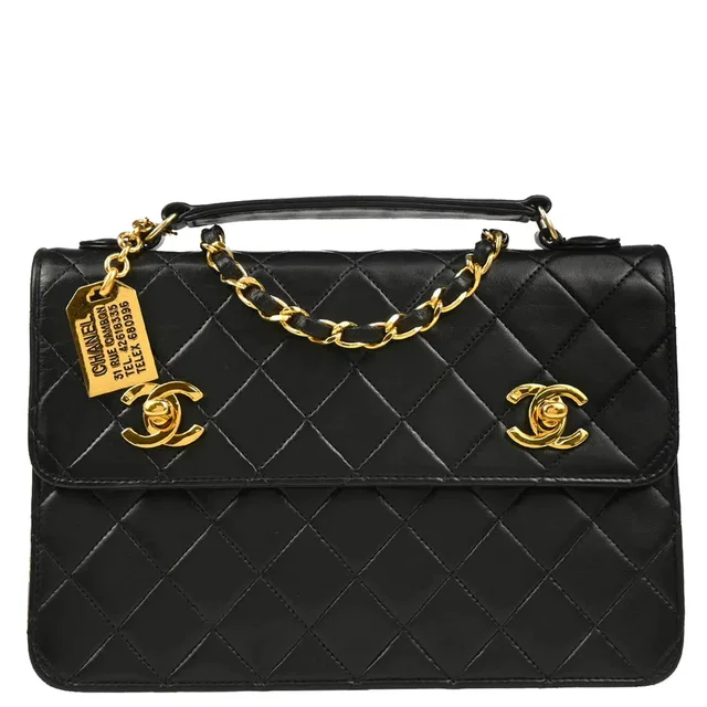 Chanel 1989-1991 Black Lambskin Double Turnlock Shoulder Bag in Black Lambskin from AMORE Vintage Tokyo