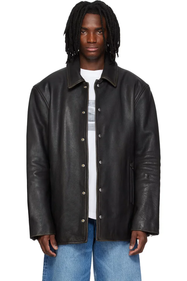 Black Snap Front Leather Jacket, image 1 of 1 from SSENSE