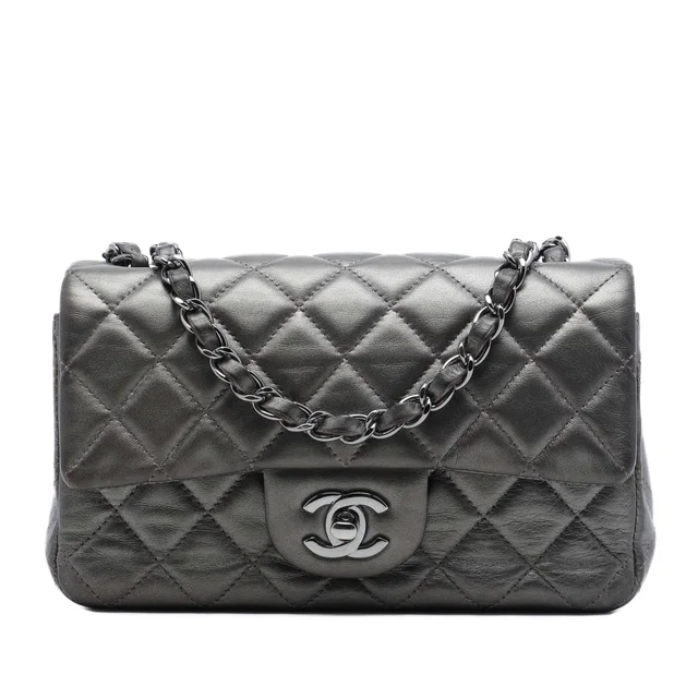 Gray Chanel Mini Rectangular Classic Metallic Lambskin Single Flap Crossbody Bag in Grey Lambskin from Designer Revival
