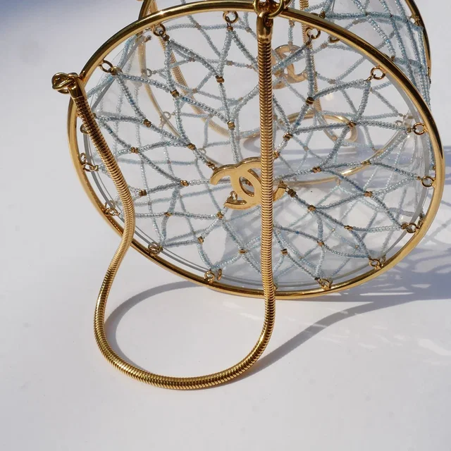 Chanel 1990s Minaudiere Dreamcatcher Beaded Gold Transparent Round Circle Bag in Gold from AMORE Vintage Tokyo