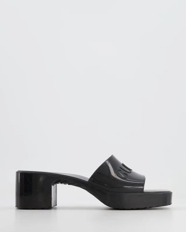 Gucci Black Rubber Heeled Mules with Embossed Logo Size EU 37 in Black from Sellier