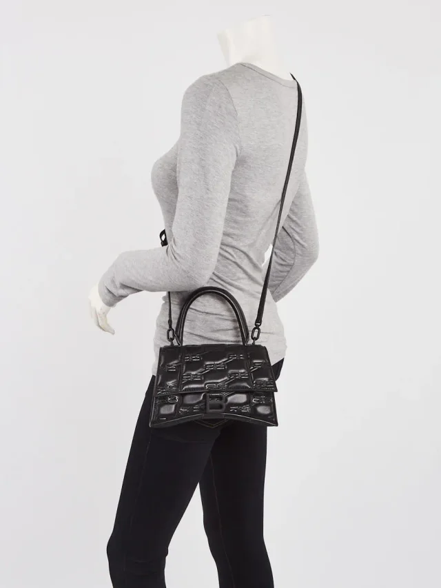 Balenciaga Black Embossed Leather Hourglass Small Top Handle Bag in Black Leather from Yoogis, photo 2 of 10