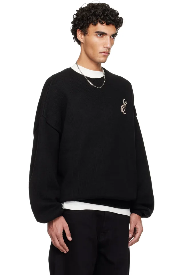 Fear of God ESSENTIALS Black Holiday Embroidered Merino Crewneck Sweater, photo 2 of 3 from SSENSE
