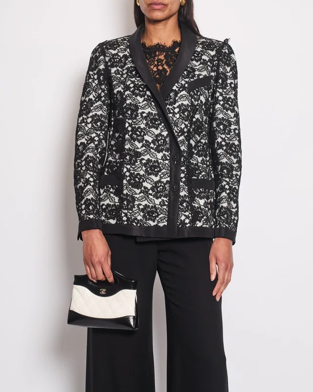 Chanel 14C Black Double Breasted Lace Blazer with Matching Short Sleeve Vest Size FR 42 (UK 14) in Black Silk from Sellier