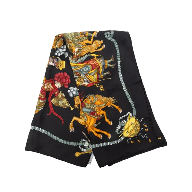 Black Hermès Les Fetes Du Roi Soleil Silk Scarf 90 Scarves in Black Silk from Designer Revival