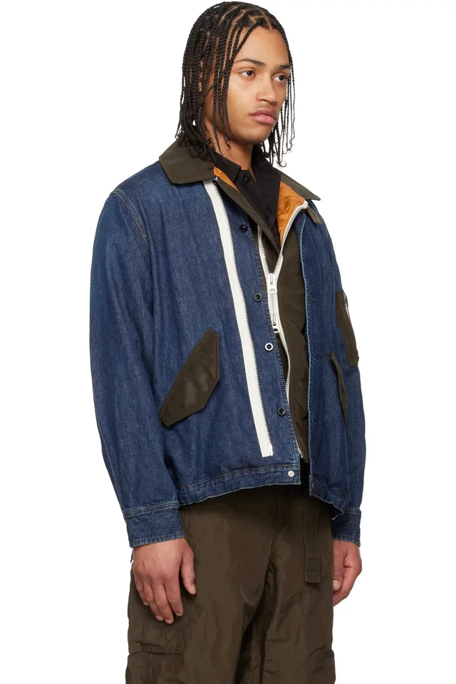 sacai Blue Denim x Nylon Twill Blouson Denim Jacket, photo 2 of 4 from SSENSE