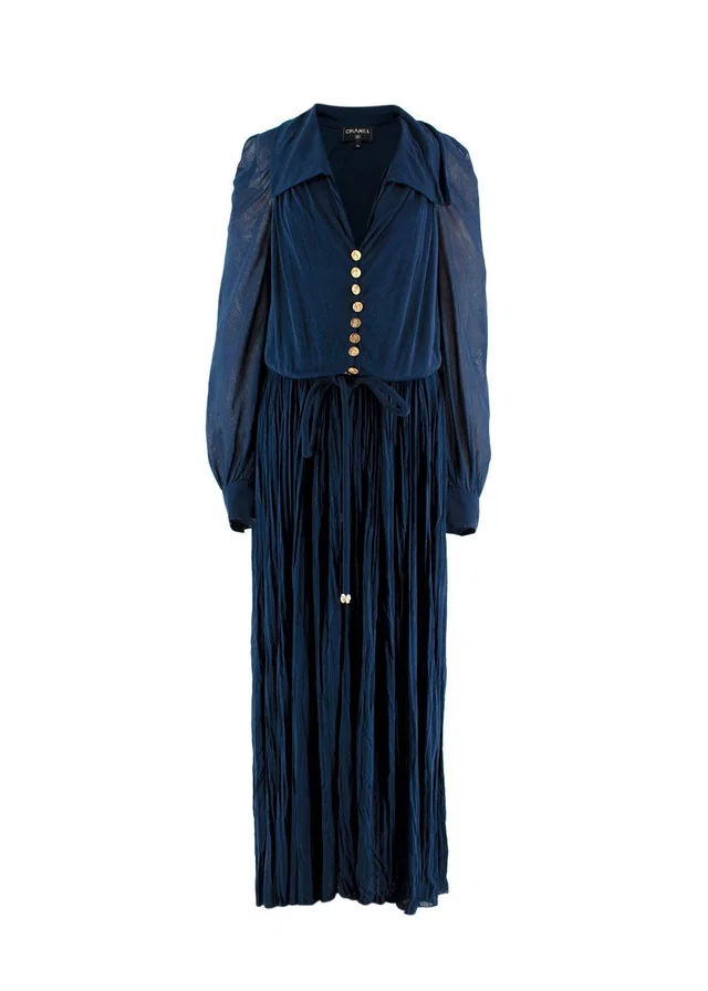 Chanel Navy Blue Plisse Belted Dress in Navy from HEWI